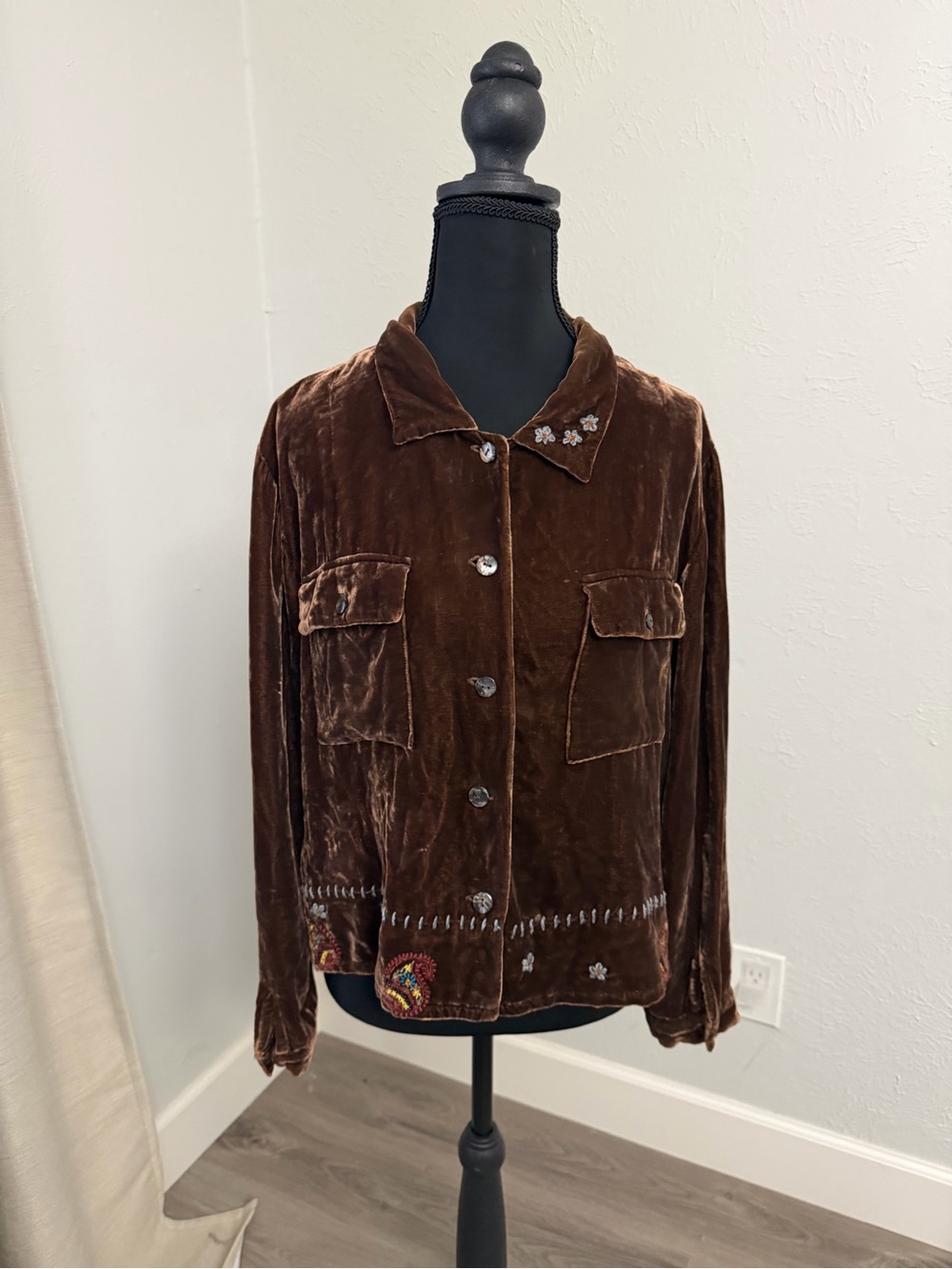 Kiko Vintage Brown Velvet Button-Front Shirt with stitch embroidery